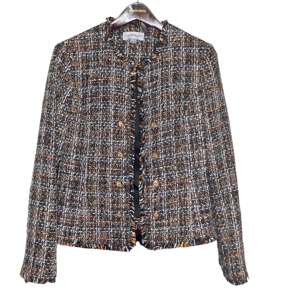 Calvin Klein 8 Brown Black Gold Logo Button Tweed Double Breasted Blazer Jacket - Picture 3 of 7